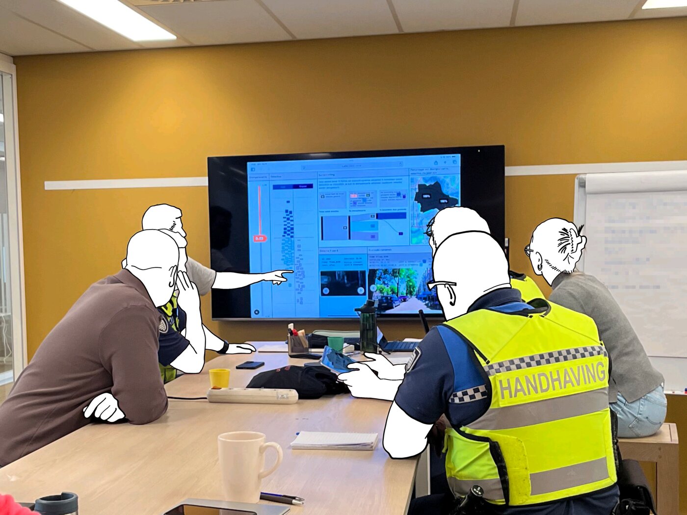 Handhavers bekijken een scherm tijdens een participatiesessie